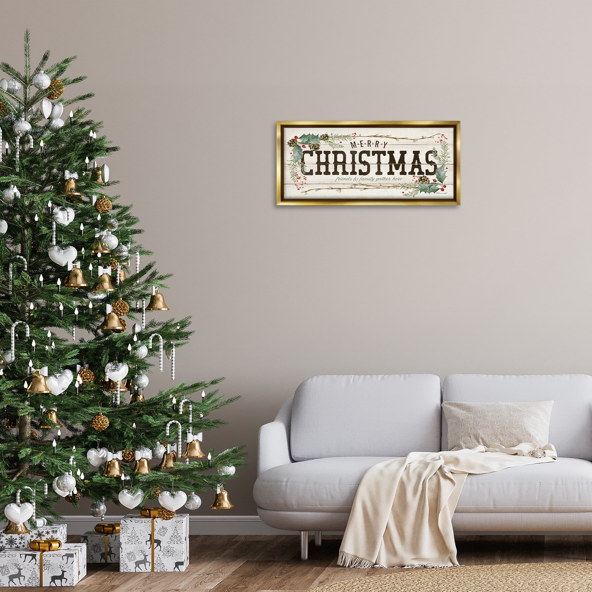 Stupell Industries Merry Christmas Friends & Family Holiday Painting Gold Floater Framed Canvas Art Print Wall Art, 31 x 14