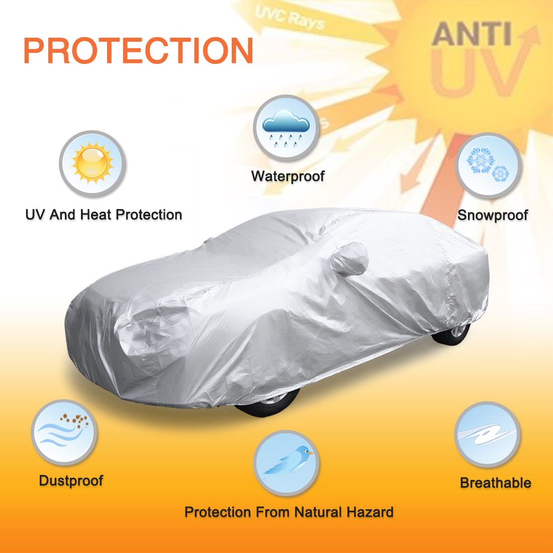 Unique Bargains 190T Car Cover All Weather Rain Snow Sun Heat Resistant Silver 3XXL