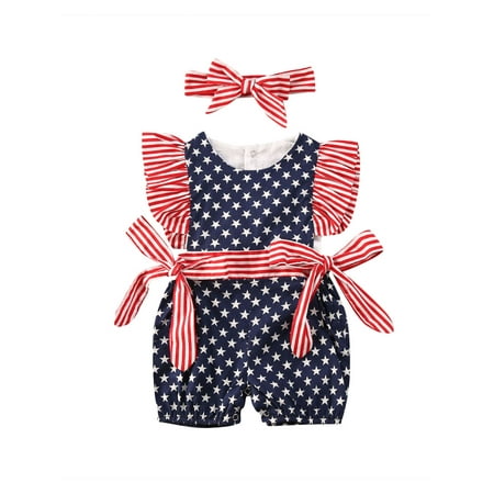 

Kiapeise 4th of July Baby Girl Stripe Star Print Jumpsuit + Headband