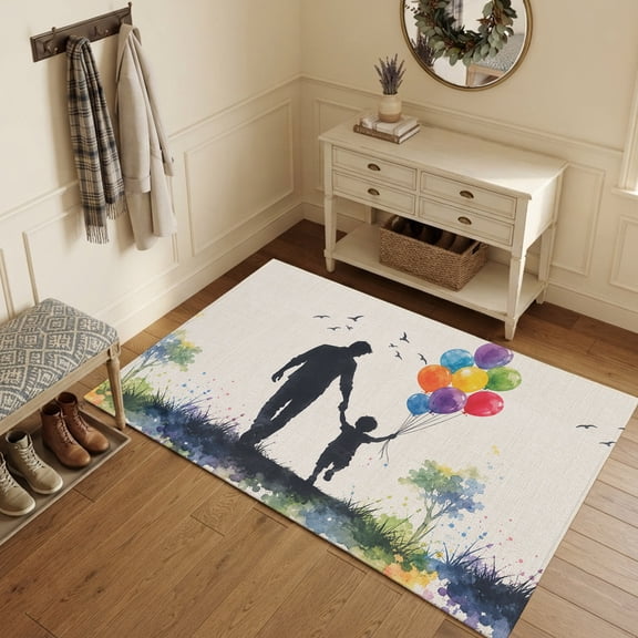 Area Rugs 3'x5', Father's Day Carpet Runner Indoor Outdoor Rugs Home Decor Aesthetic, Farmhouse Watercolor Trees Balloons Beige Non Slip Mats Washable Accent Rug for Living Room Bedroom
