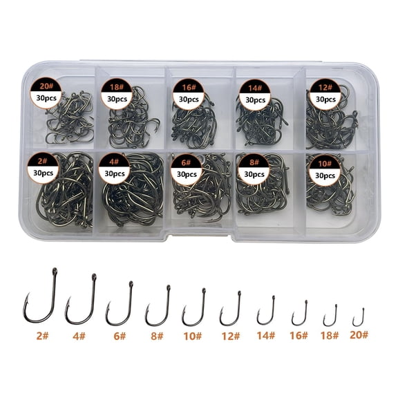 300Pcs Fishing Hooks Set, 10 Sizes Tiny Fish Hooks for Freshwater Fishing, Bass Trout Crappie Salmon, Offset Barbed Sharp Hooks, Silver