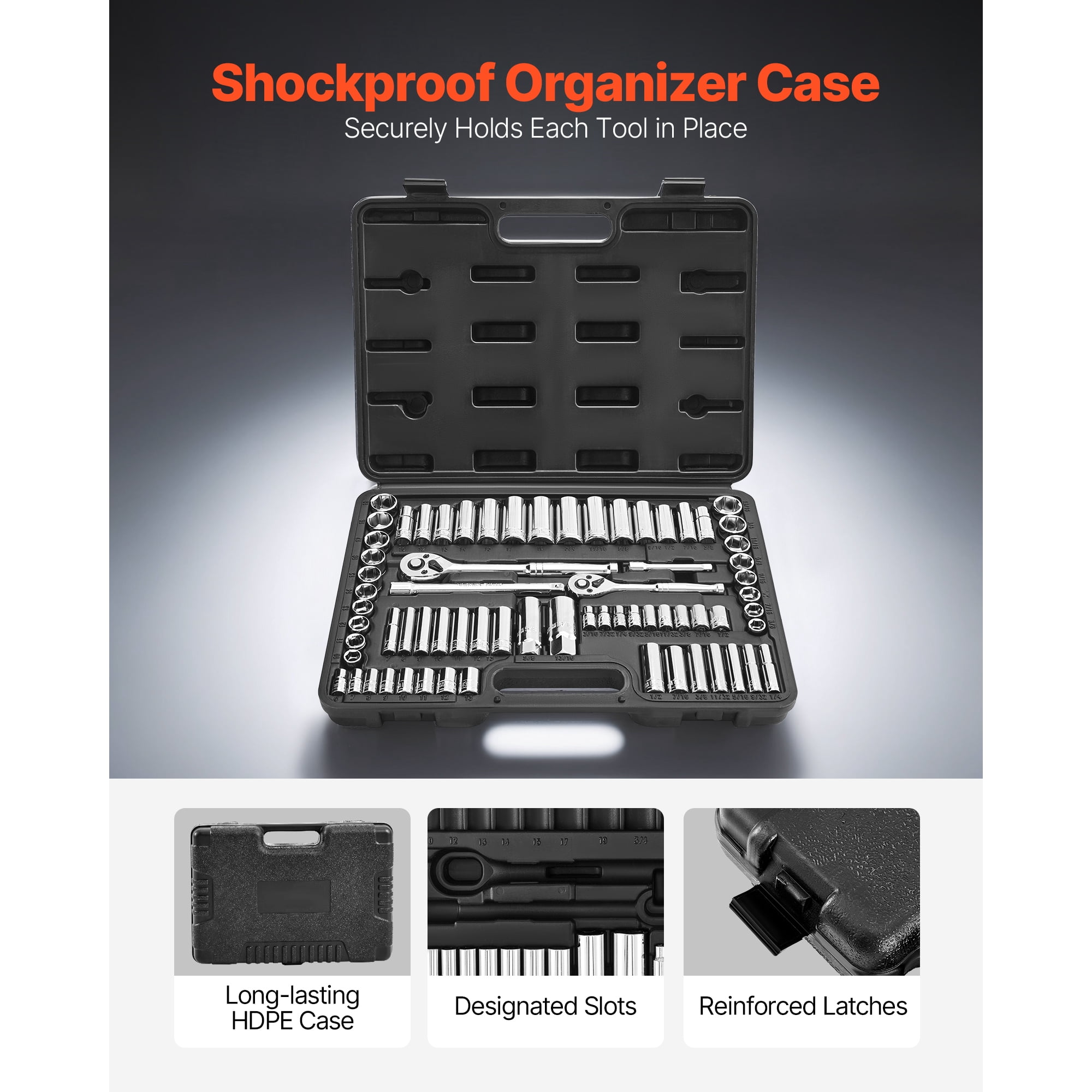 KFFKFF 69-Piece Socket and Ratchet Set, 3/8 & 1/4 Inch Drive, SAE and Metric Sizes, Includes Deep and Standard Sockets, Mechanic Tool Kit with Accessories and Durable Storage Case