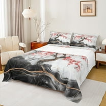 Manfei Cherry Blossoms Bed Sheets Set Twin Size, Marble Abstract Bed Sheets Twin, Modern Fashion Bedding Twin Size, Breathable Room Decoration, 3pcs