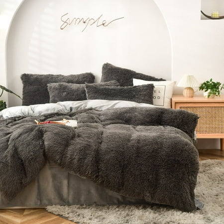 Gray Faux Fur Bedding Duvet Cover Sets, Black Fuzzy Duvet Cover
