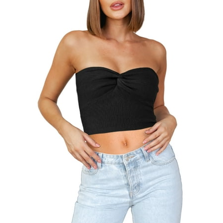 

Pudcoco Women Sexy Knitted Strapless Tube Top Twist Front Hollow Crop Top Backless Bandeau Bustier Top Streetwear