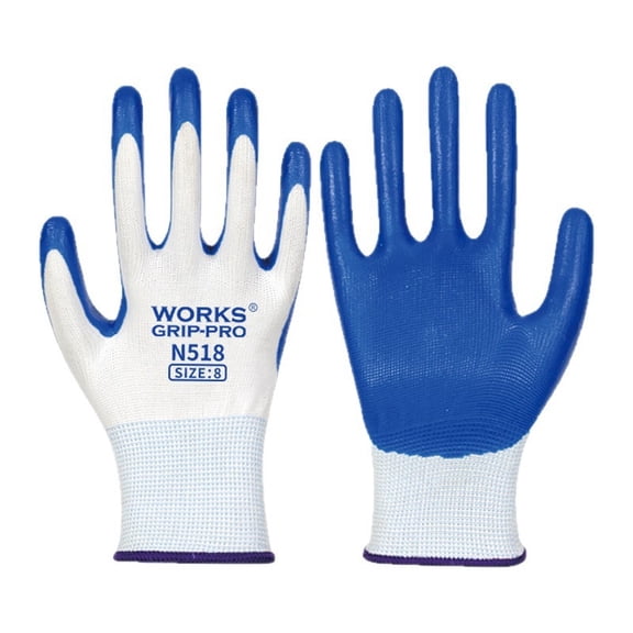 Nitrile Coated Work Gloves Touchscreen Compatible Non-Slip Grip N518 White and Blue 1.1 oz Lightweight Protective Gloves for Construction and Industrial Work