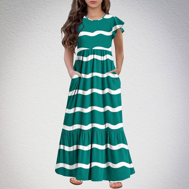 LOVZFMLL Kid's Solid Color Small Fly Sleeve Round Neck Dress Girls' Summer Casual Loose Dress