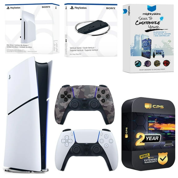 Sony PlayStation 5 Slim Digital Bundle with Disc Drive, Extra Controller, Vertical Stand, MightySkins Voucher and 2 Year Extended Warranty - Gray Camo
