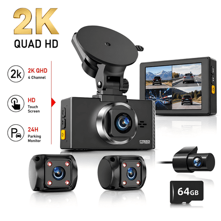 4 Channel Dash Cam for Cars, 2K Front + 1080P Rear/Left/Right, Built-in WiFi & GPS, 360° Rotatable Camera, IR Night Vision, Touch Screen, G-Sensor, Loop Recording, 64GB Card Included