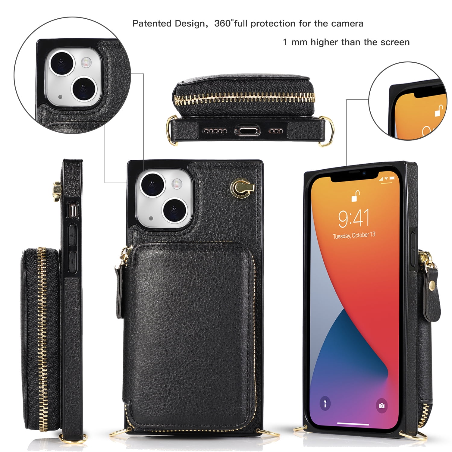 TECH CIRCLE For iPhone 7 / 8 / SE 2022 & 2020 Wallet Case,Card Holder Phone Case for Women, Zipper PU Leather Purse Kickstand Folio Flip Case with Crossbody Strap for Apple iPhone 7 8 SE 2022,Black