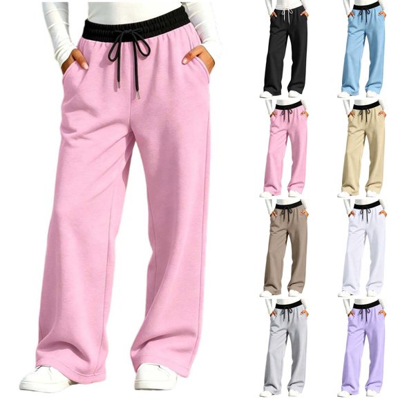 akafmk Girls Sweatpants Drawstring Wide Leg Sweatpants Colorblock Waistband Soft Loose Sporty Casual Pants Kids Fall Clothes 5-15 Years