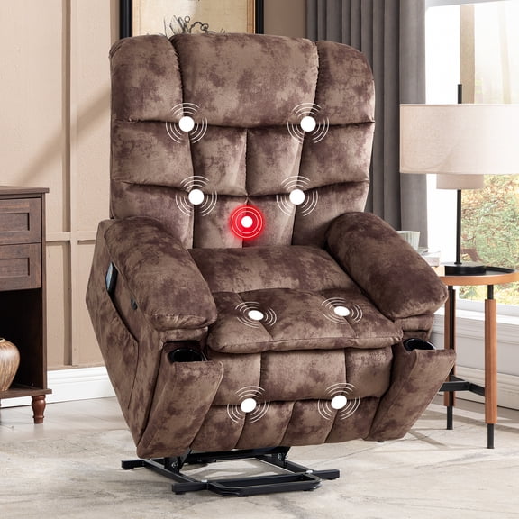 Bonzy Home Power Lift Recliner Chair with Massage and Lumbar Heating for Elderly,Electric Lift Recliner Chair with 2 Side Pocket and Cup Holders, USB & Type C Charge Port for Living Room, Brown