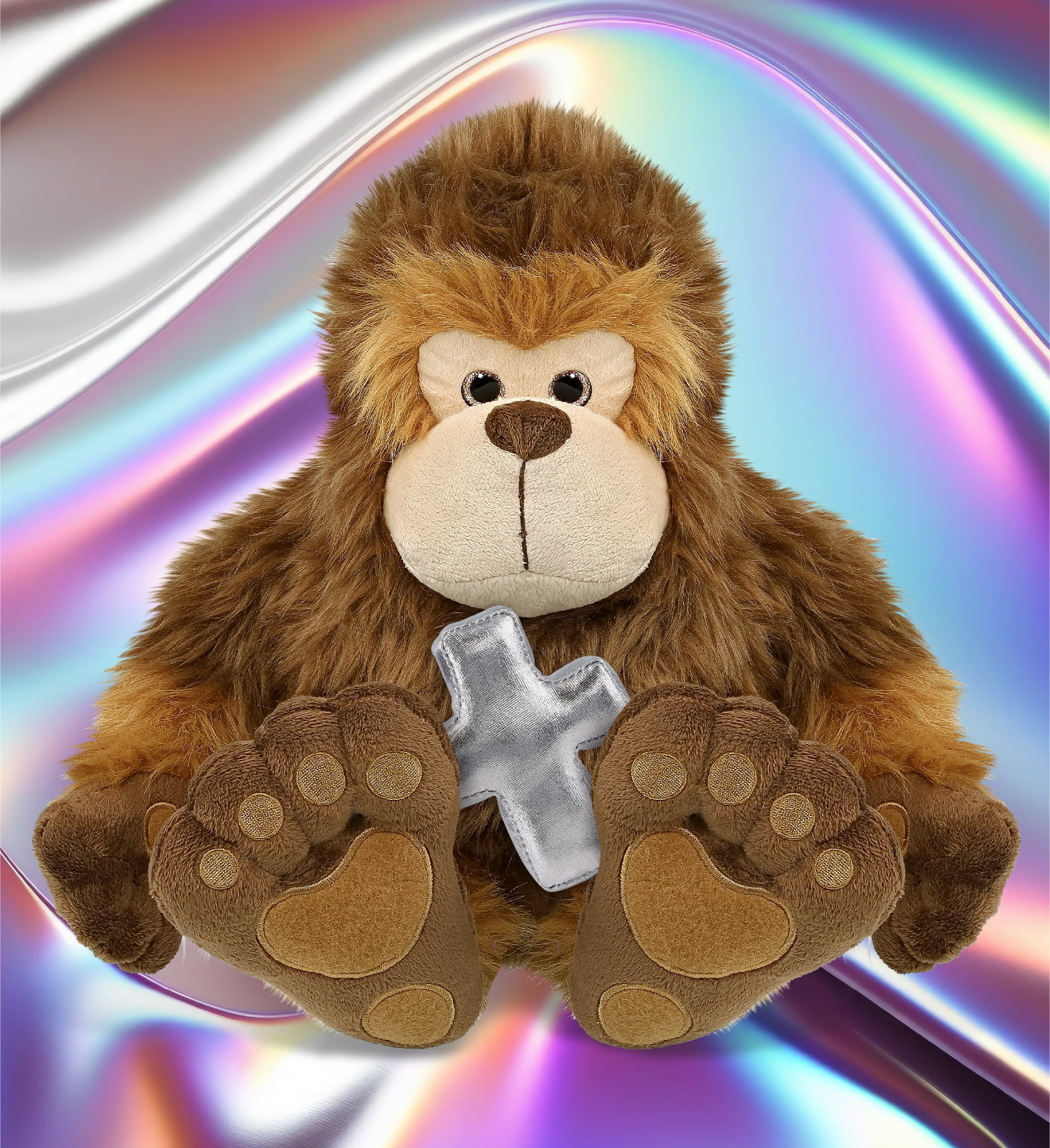 DolliBu Super Soft Big Foot Stuffed Animal with Silver Cross Plush - Religious Baptism Gifts for Boys and Girls, Dedication Christening Gifts Plush Prayer Toy Healing Stuffed Animal - 12 Inches