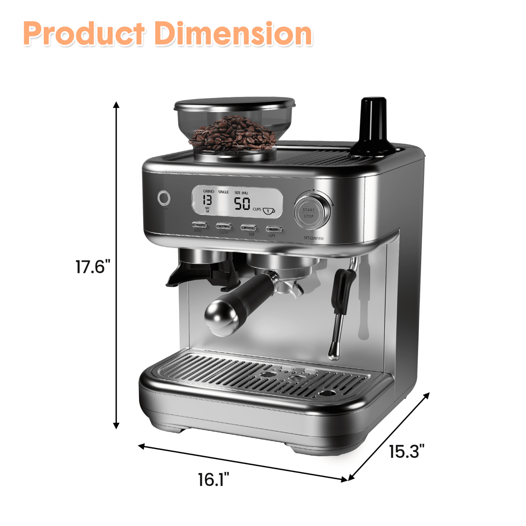 15 Bar Espresso Machine with Built-in Grinder & Milk Frother – PID Temperature Control