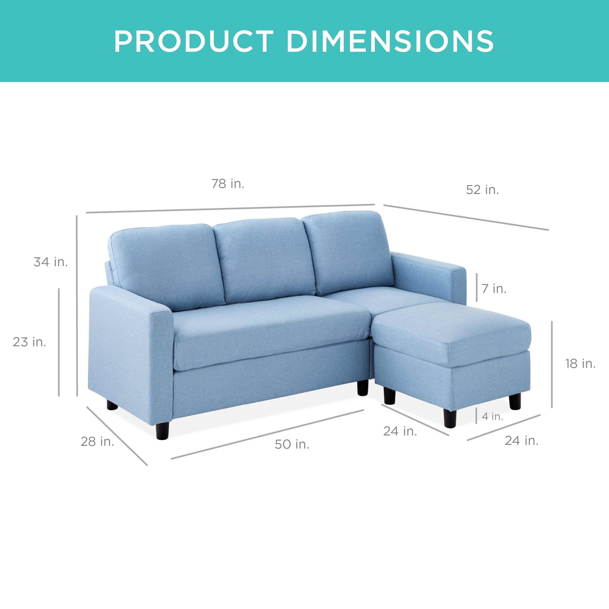 Best Choice Products Linen Sectional Sofa Couch w/ Chaise Lounge, Reversible Ottoman Bench - Light Blue