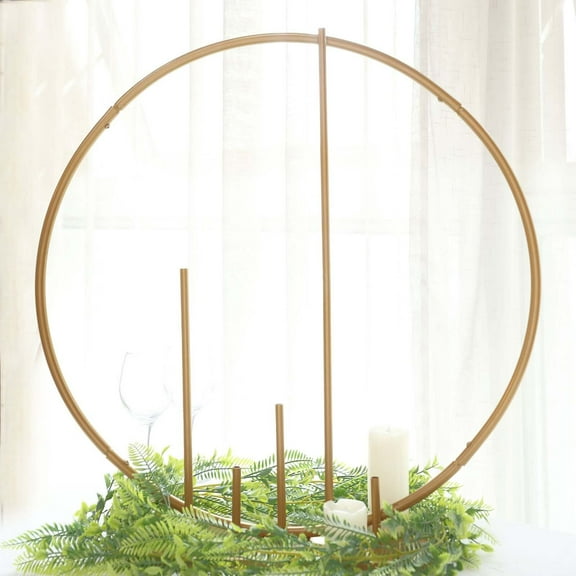 Efavormart 24" Gold Metal Round Floral Hoop Wedding Table Centerpiece With Pillars, Self Standing Balloon Arch Frame