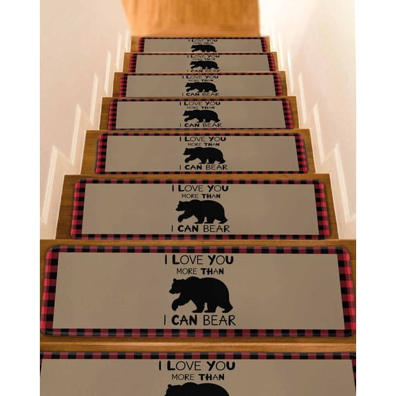 Christmas Stair Treads for Wooden Steps Indoor Runner Rug Carpet, Farmhouse Country Brown Bear Red Black Plaid 15 Pieces Peel and Stick Staircase Step Treads Covers Washable Throw Door Mats, 30"x8"