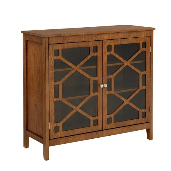 Linon Betty Large Storage Cabinet Decorative Glass Doors in Brown Stained Wood