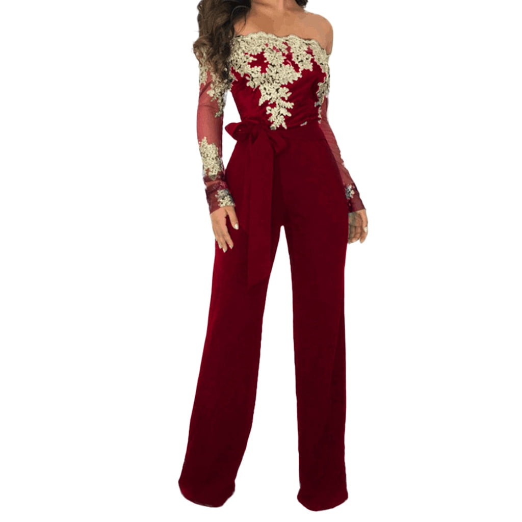 Winter Fall Womens Jumpsuits Romper Casual Lace Off Shoulder Lace Up ...