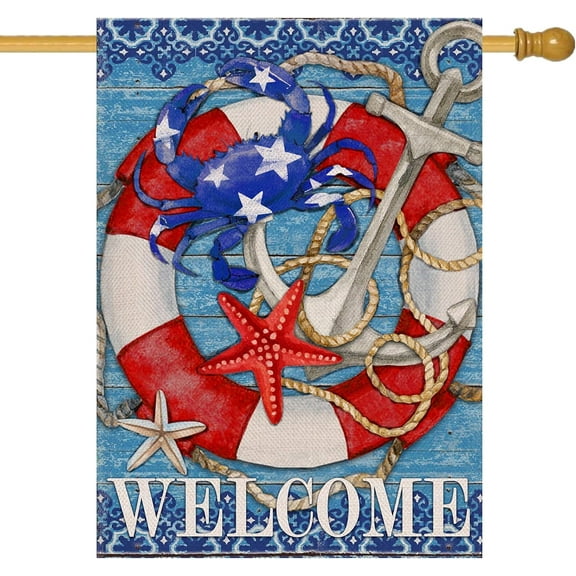 Welcome Summer Nautical Crab Decorative Small Garden Flag, Coastal Beach Anchor Lifebuoy Home Outside House Yard Decoration, Starfish Sea Ocean Farmhouse Outdoor Decor Double Sided 12 x 18