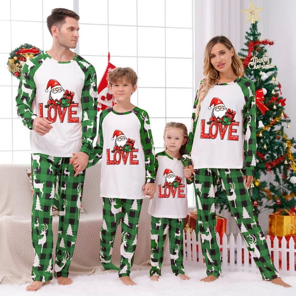 Odeerbi Christmas Pajamas for Family Holiday Long Sleeve Family Christmas Pajamas Matching Sets Dad Parent Child Printed Loungewear Set Two-Piece Sleepwear Xmas PJs Set Green