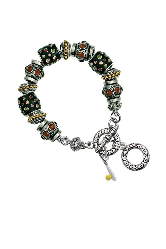 Enamel Softball and Bat Fall Crystal Bead Charm Bracelet