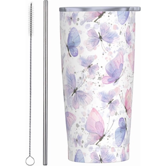 Pink Purple Butterflies Tumbler,Butterflies 20oz Stainless Steel Insulated Travel Tumbler,Travel Coffee Mug with Lid and Straw Water Bottle Drink Tumbler Cups Gifts for Women Men Lovers