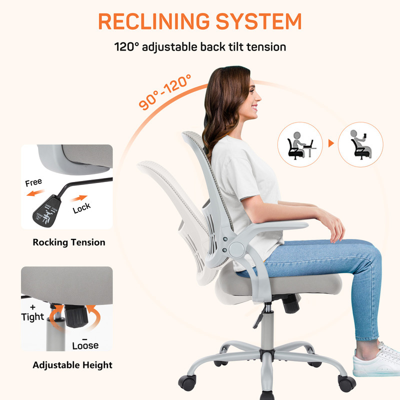 Office Desk Chair, Ergonomic Mid-Back Mesh Chair with Wheels, Comfy Lumbar Support with Flip-up Arms for Home office, Gaming, Study, Gray