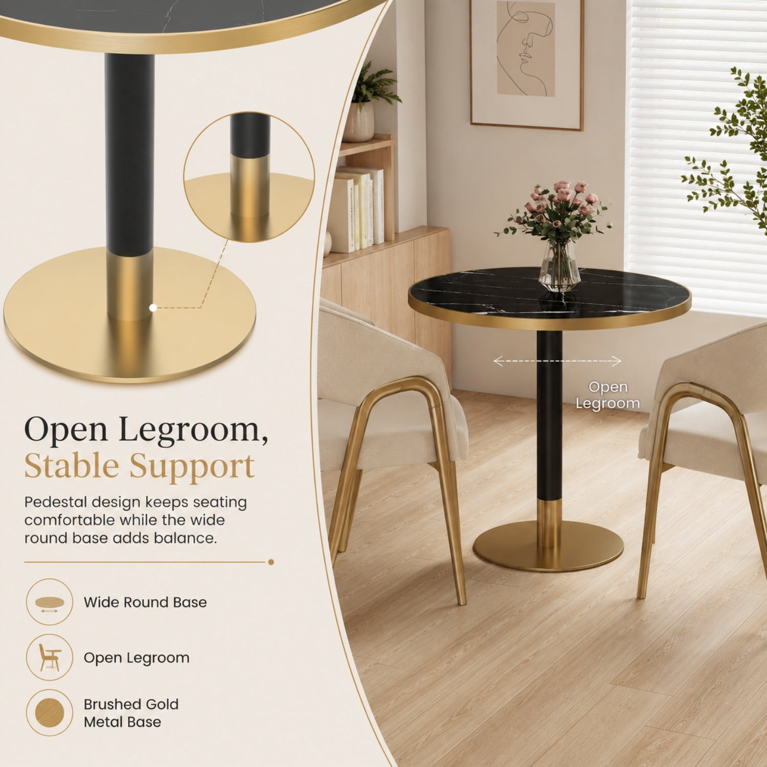 Miniyam 31.5 in. Round Tulip Dining Table for 2-4, Glossy Stone-Look Pedestal Table for Kitchen or Small Spaces, Black