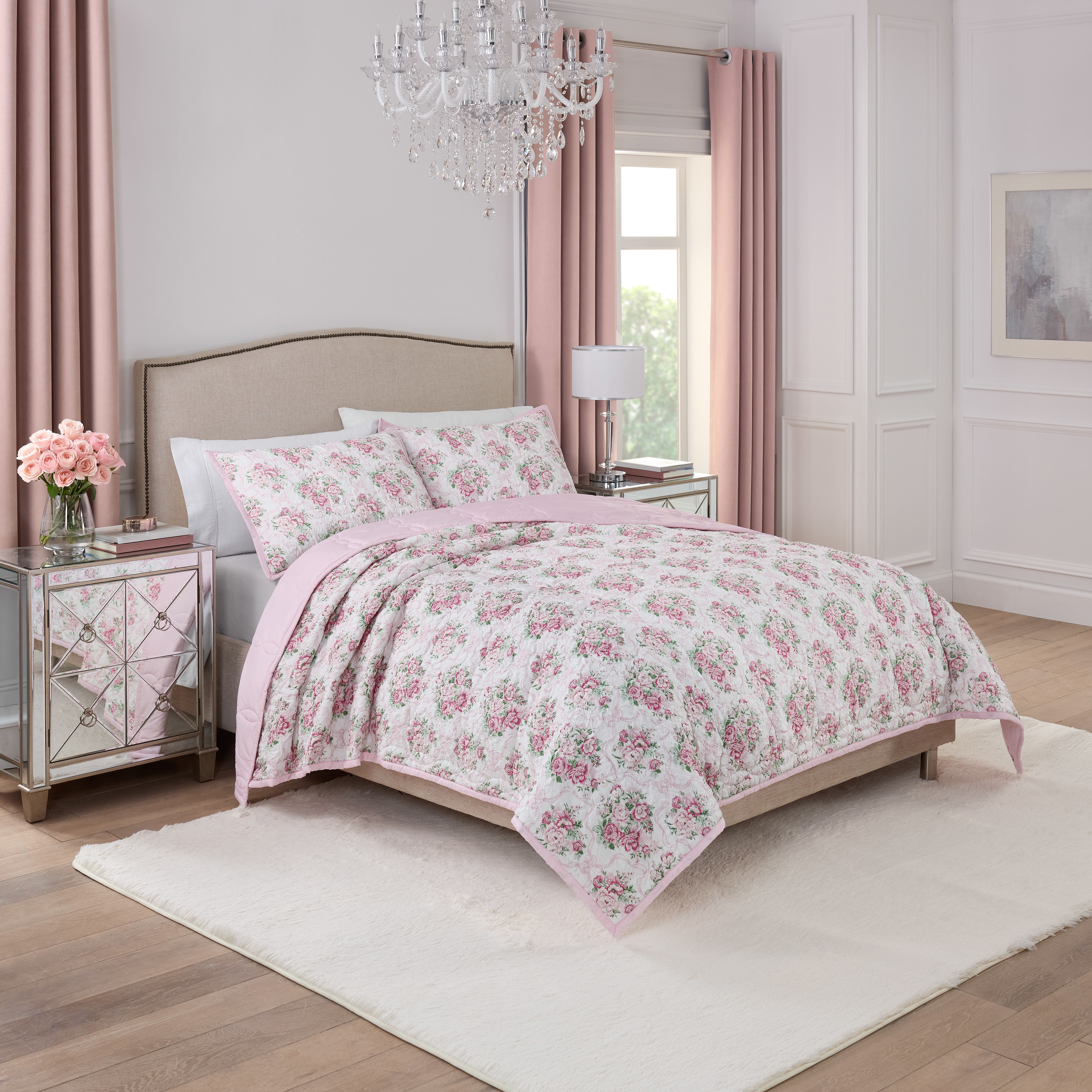 Paris Hilton Coquette Blush Pink Floral Quilt Set, Full/Queen, Reversible 3-Piece Bedding, Lightweight