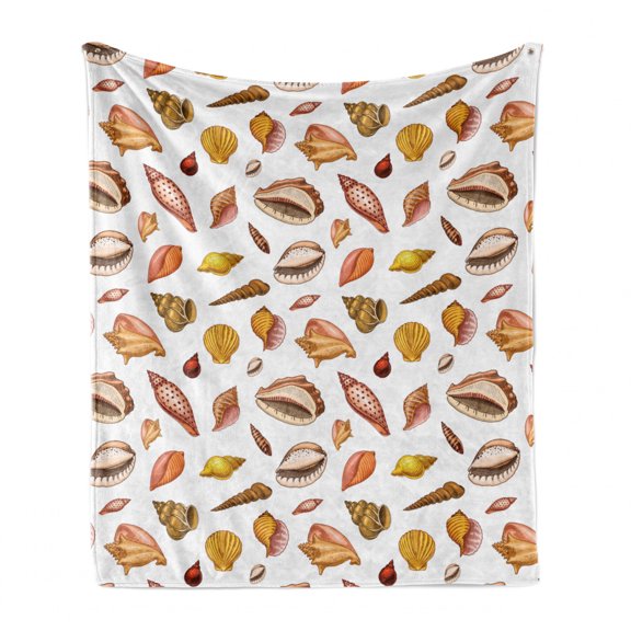 Nautical Soft Flannel Fleece Blanket, Retro Style Hand Drawn Like Depiction of Different Forms of Sea Shells, Cozy Plush for Indoor and Outdoor Use, 60" x 80", White and Multicolor, by Ambesonne