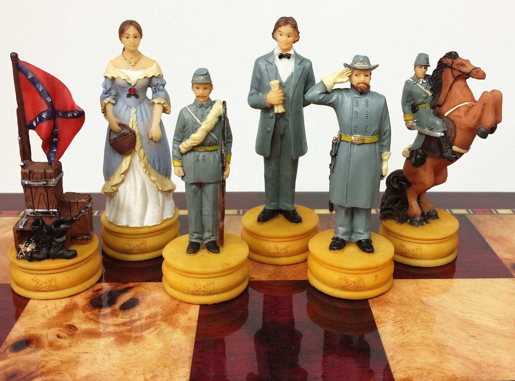 US American Civil War Queens Chess Set W 18" Cherry  Burlwood Color Board