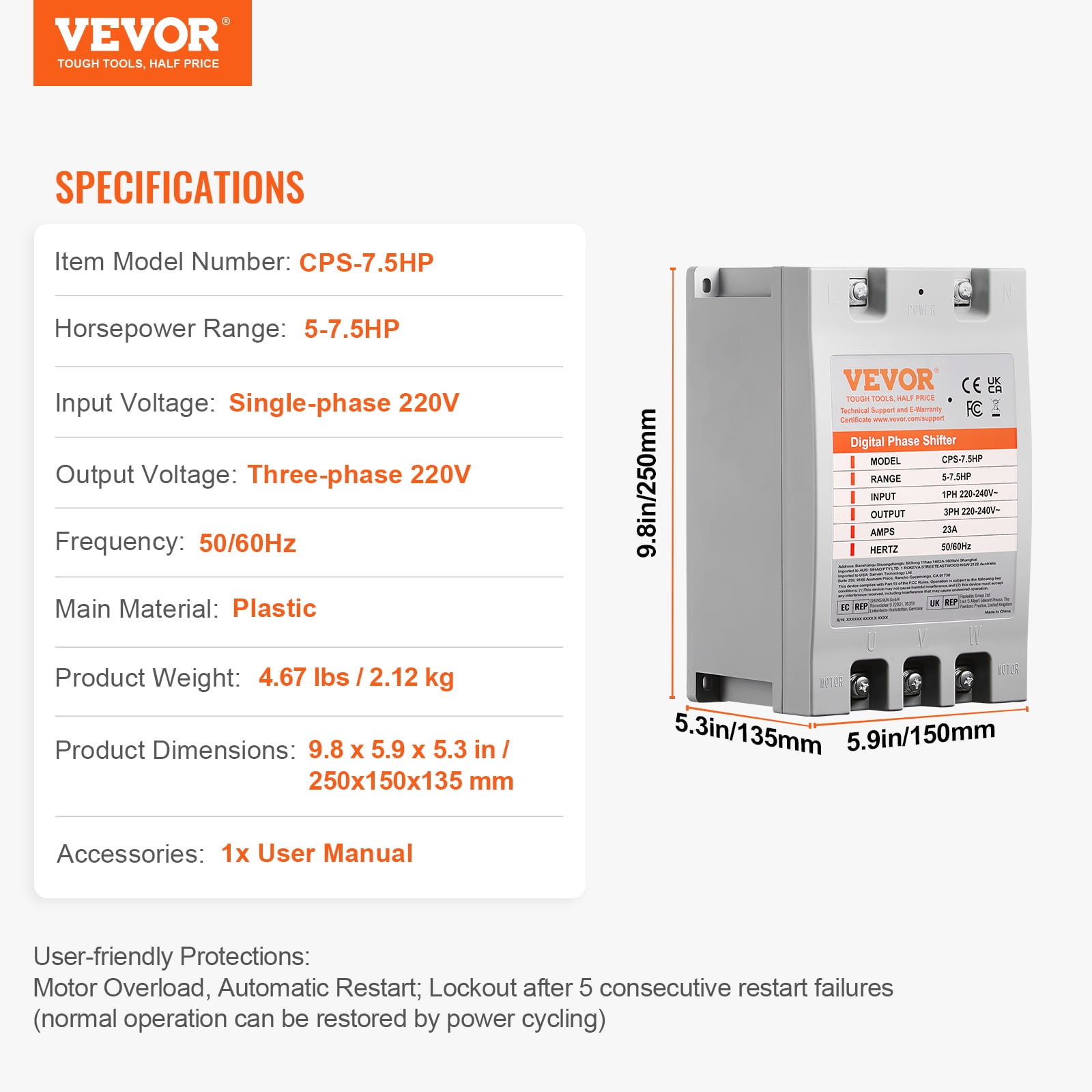 VEVOR 3Phase Converter- 7.5HP 23A 220V Single Phase to 3 Phase Converter, Digital Phase Shifter for Residential & Light Commercial Use,220V-240V Input/Output (One DPS Must Be Used on One Motor Only)