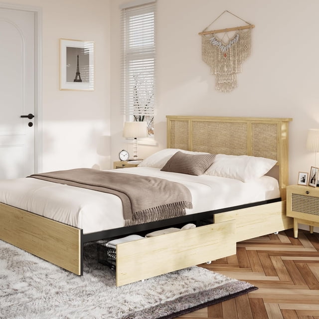 Queen Bed Frame with Natural Rattan Headboard, 4 Drawers, Sturdy Metal Base, Boho-Style Cane Support, No Box Spring Required, Wood Metal Platform Beds, Noise Free, No Box Spring Needed