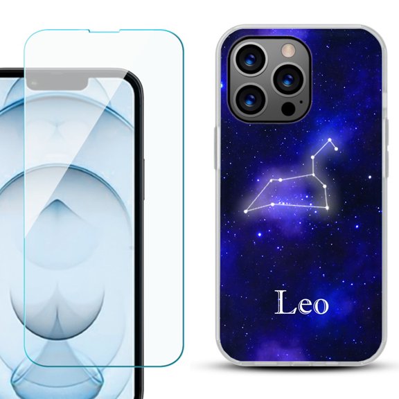 Slim-Fit Gel TPU Phone Case for iPhone 13 Pro Max, with Tempered Glass Screen Protector, by OneToughShield ® - Zodiac / Leo