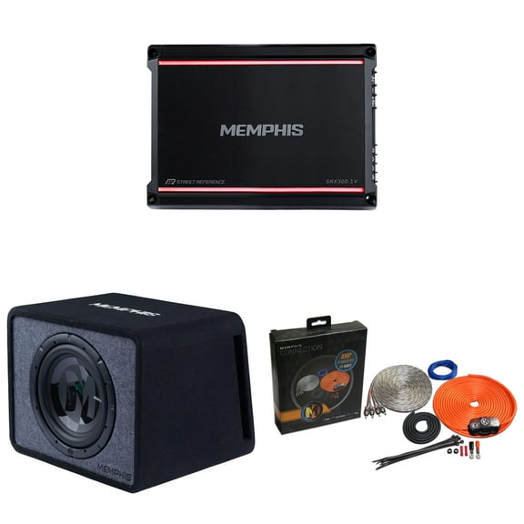 Memphis PRXE12S2 Single 12” Power Reference Series Loaded Enclosure with SRX300.1V Street Reference Series Mono Subwoofer Amplifier and Amp Wiring Kit