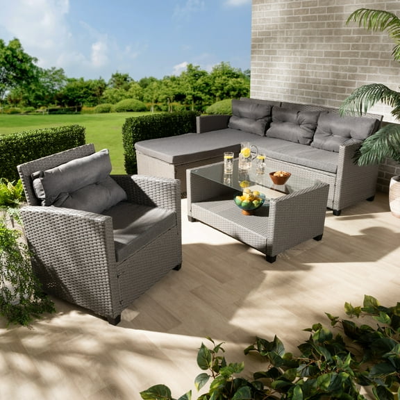 Baxton Studio Darian Modern and Contemporary Grey Fabric Upholstered and Grey Synthetic Rattan 4-Piece Patio Set