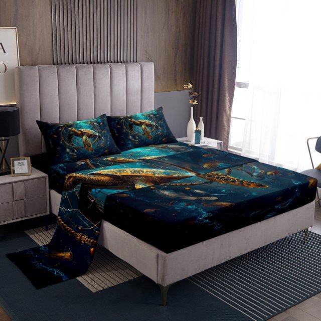 Ensemble de Draps Tortue de Mer Attrape-Rêves Ensemble de Draps Double, Draps Boho Plume Nautique Animaux Marins Drap-Housse, Décor Bohème Exotique