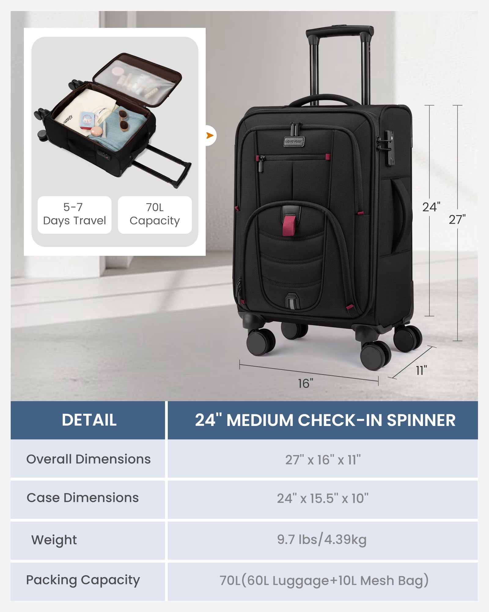 LOVEVOOK Carry On Luggage 22x14x9 Airline Approved, 22-Inch Suitcases with Spinner Wheels, Soft side Luggage with TSA Lock for Men Women Business Trip, Lightweight Large Capacity Luggage for Travel