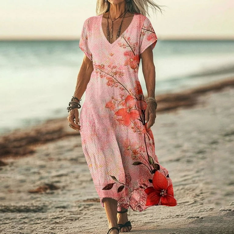 Levmjia Casual Dresses For Women Floral Print Short Sleeve Round Neck  Summer Comfortable Polyester Spandex Stretchy Vacation Beach Office Wear  Multi Color Options - Walmart.com