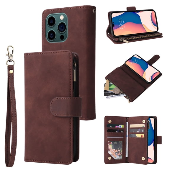 Allytech 2 in 1 Wallet Case for iPhone 15 Pro, Luxury PU Leather Zipper Wallet Kickstand Cover with Card Slots & Lanyard & Photo Pocket, Magnetic Buttons Buckle Shockproof Case - Coffee