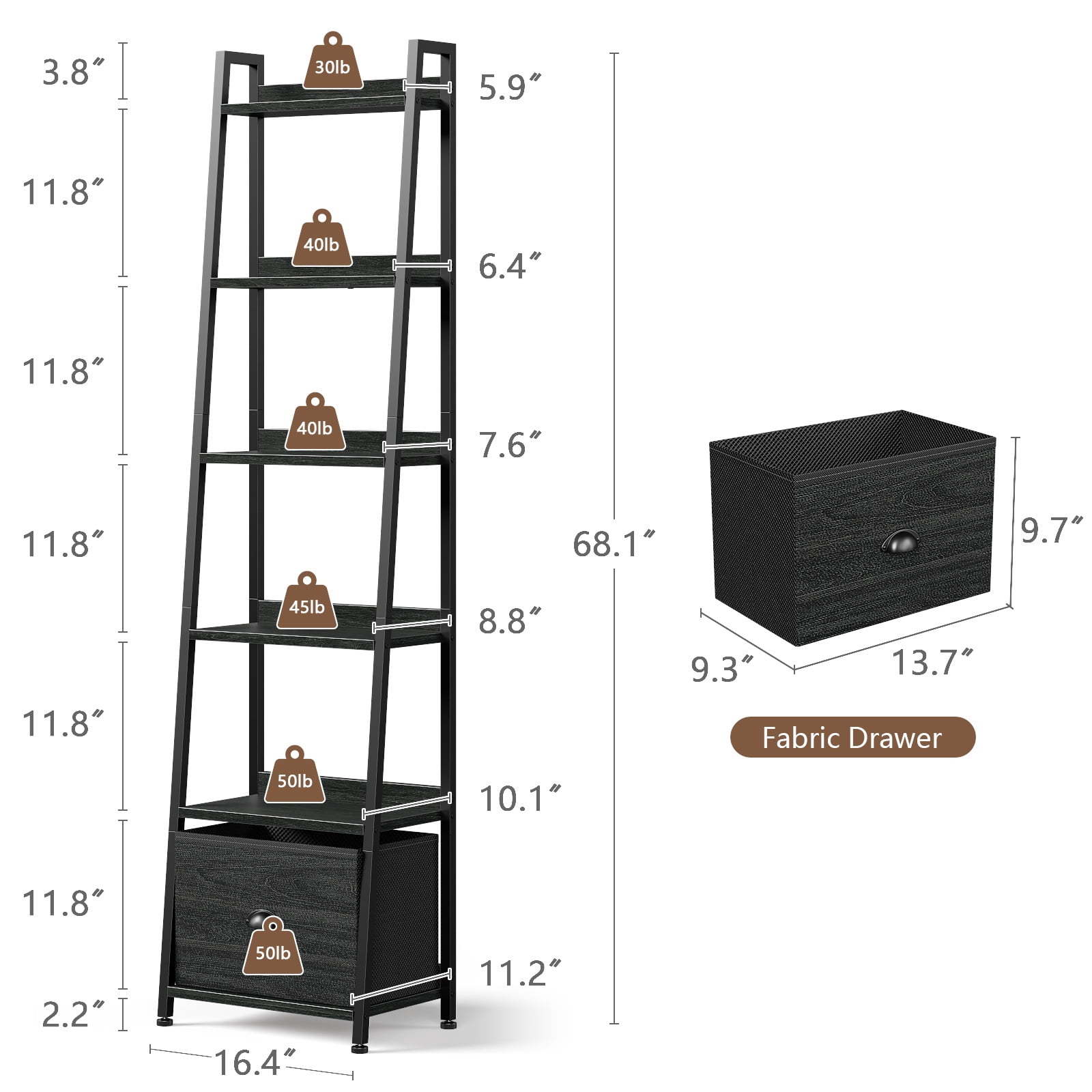 Tydimor 6-Tier Leaning Ladder Bookshelf with Removable Fabric Drawer, Black Oak Bookcase with Backboard Protection, Waterproof Anti-Scratch Storage Shelf for Living Room Bedroom Home Office