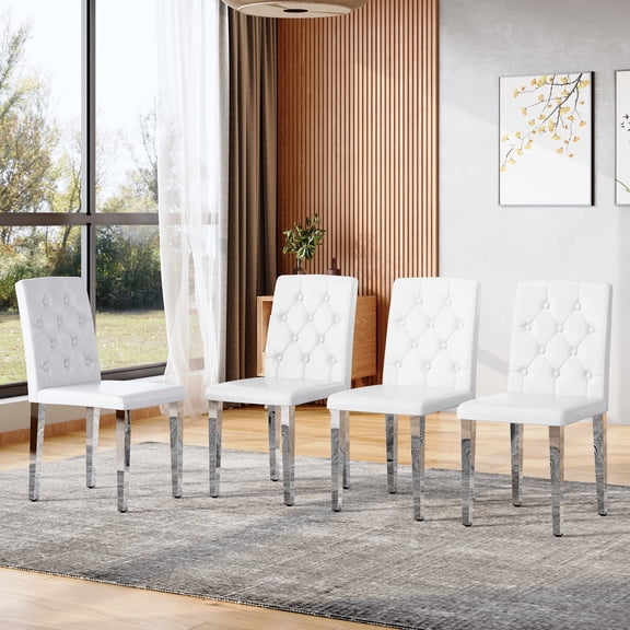 StnTalk White Dining Chairs Set of 4, Button Tufted Upholstered Faux Leather Dining Room Chairs with Silver Metal Legs, Modern Parsons Chairs for Kitchen and Dining Table, Easy Assembly