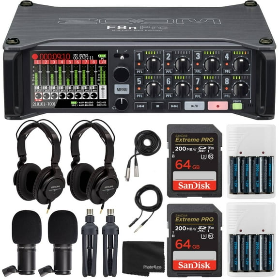 Zoom F8n Pro MultiTrack Field Recorder Bundles with 2x Zoom ZDM-1 Podcast Mic Pack   Batteries   Memory Cards