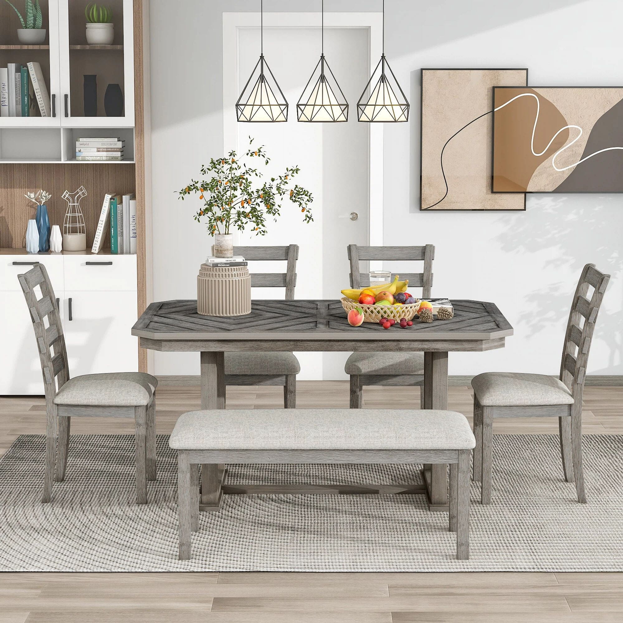 Euroco 6-Piece Rubber Wood Dining Table Set for 6, Farmhouse Kitchen Table Set with Beautiful Wood Grain Tabletop, 4 Upholstered Chairs & a Bench for Dining Room,Gray