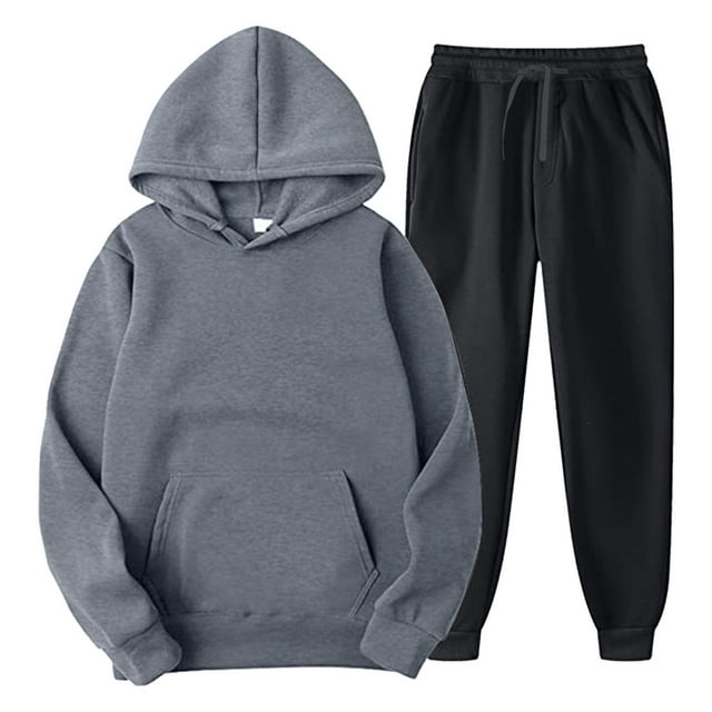 Men's Suits Color Coordinated Two-Piece Hoodie Pocketed Knit Top and Relaxed Fit Trousers Set for Modern Everyday Wear