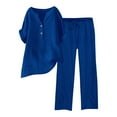 thumbnail image 2 of Women's Linen Cotton Set, Short Sleeve V Neck Top with Elastic Waist Pants, Casual Two Piece Outfit, Relaxed Matching Set, Loungewear, Vacation and Daily Wear-Dark Blue, 2 of 5