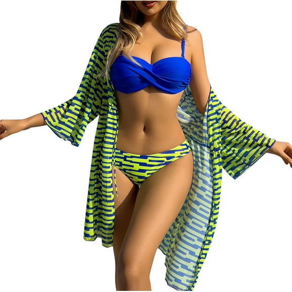 WREESH Womens 3 Piece Swimsuits Print Bikini Set with Kimono Beach Cover Ups Mesh Blue Solid Color Patchwork Top Bow Swimsuit Set Bathing Suit Blue