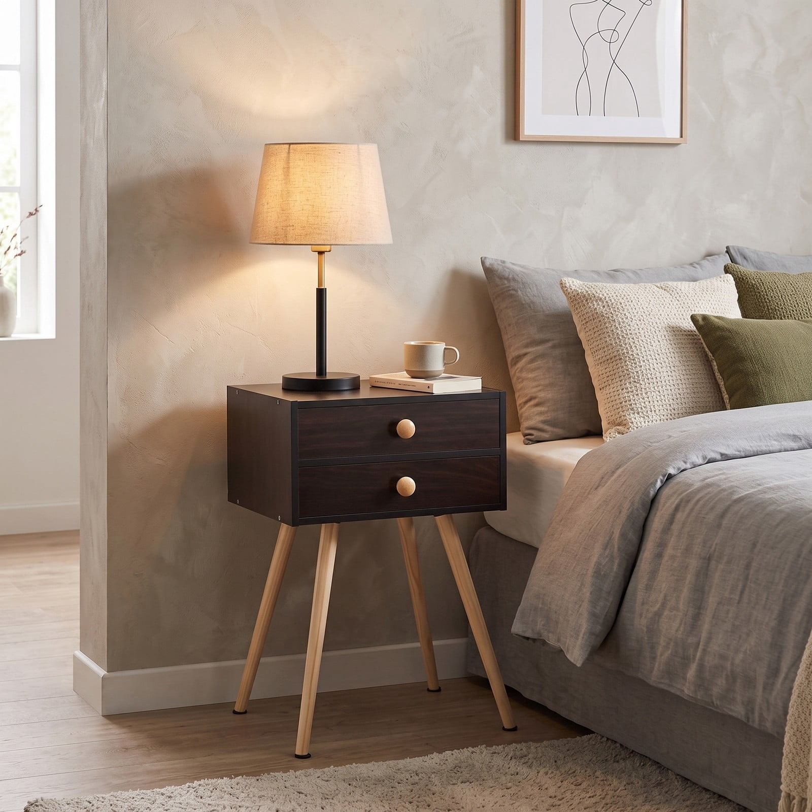 Furnibear Mid Century 2-Drawer Nightstand with Angled Solid Wood Legs and Anti-Tipping Kit for Bedroom and Living Room, Espresso