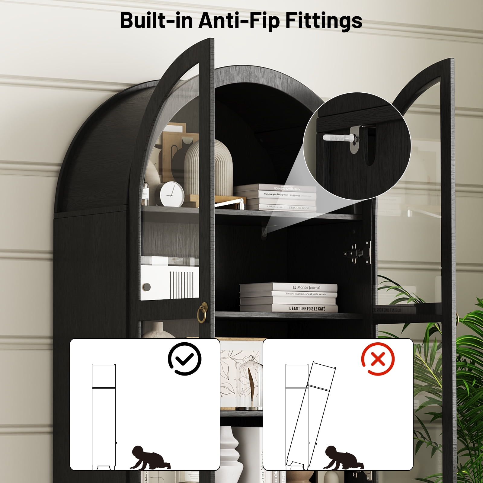 IDEALSOUL Arched Kitchen Pantry Cabinet, 71" Tall Wood Storage Cabinet with 2 Glass Doors, 4 Shelves and 2 Drawers, Food Cabinet for Kitchen, Living Room, Bedroom(Black)